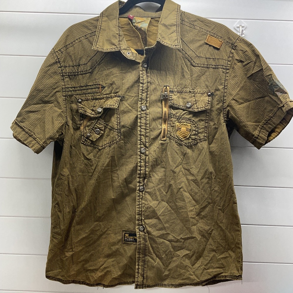 FUSAI Focus USA Mens Olive Check Tactical Short Sleeve Button Down Shirt Size 18